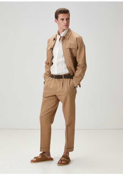 Comfort Fit Bej Çizgili Keten Gömlek modelleri