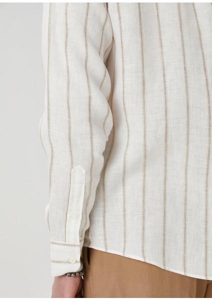 Comfort Fit Bej Çizgili Keten Gömlek