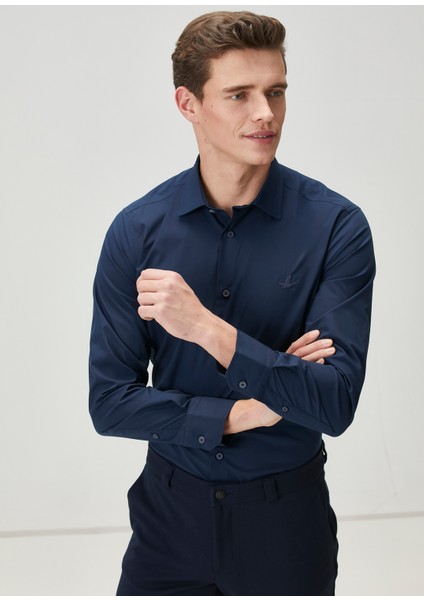 Slim Fit Lacivert Non-Iron Poplin Gömlek