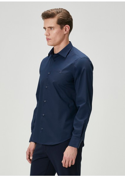 Slim Fit Lacivert Non-Iron Poplin Gömlek
