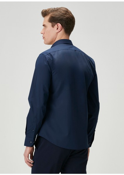 Slim Fit Lacivert Non-Iron Poplin Gömlek