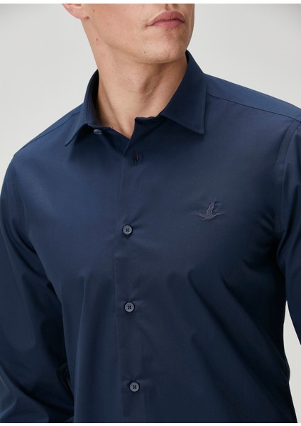 Slim Fit Lacivert Non-Iron Poplin Gömlek