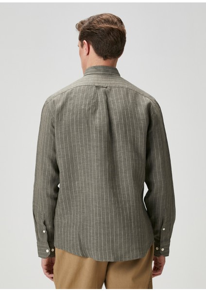 Comfort Fit Haki Çizgili Keten Gömlek