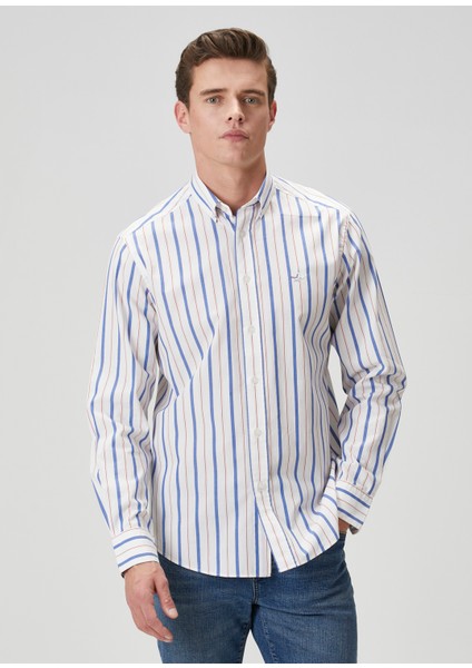 Comfort Fit Beyaz Çizgi Desenli Gömlek modelleri