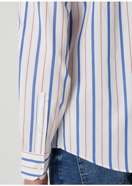 Comfort Fit Beyaz Çizgi Desenli Gömlek