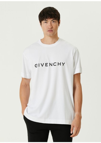 Beyaz Logo Baskılı Oversized T-Shirt