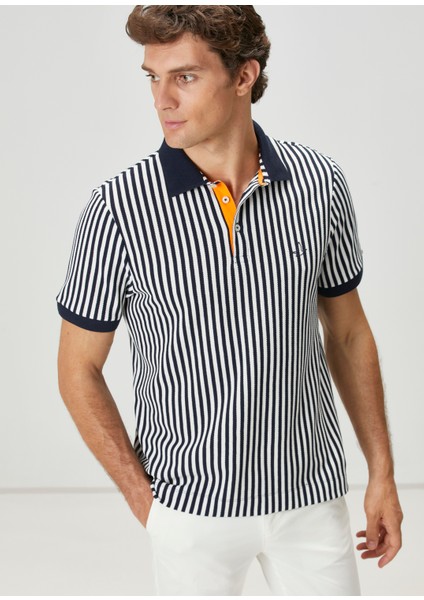 Lacivert Polo Yaka Çizgi Desenli T-Shirt