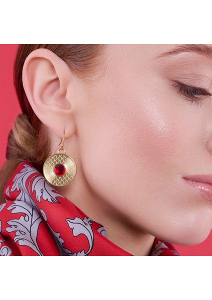 Salamander Cabochon Ruby Gold 18 Ayar Altın Kaplama Kadın Küpe