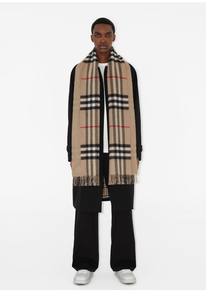 Reversible Check Kaşmir Bej Unisex Atkı