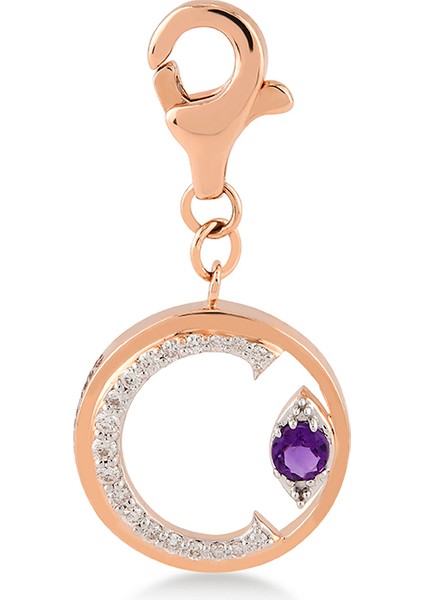 Mini “c” Harfli Charm Pırlanta Mor Ametist Taşlı 14 Ayar Pembe Altın