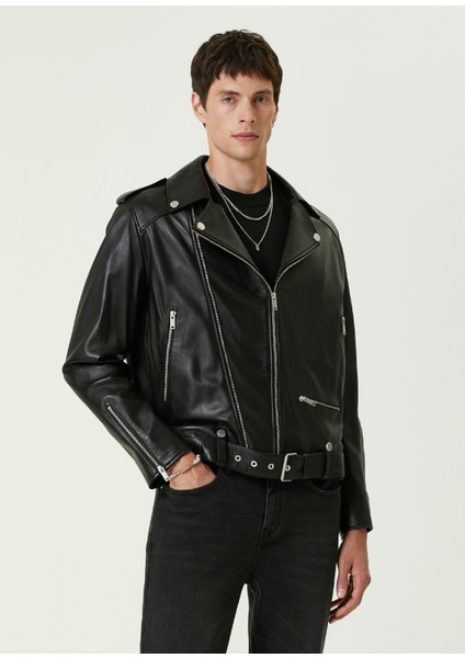 Siyah Deri Biker Mont