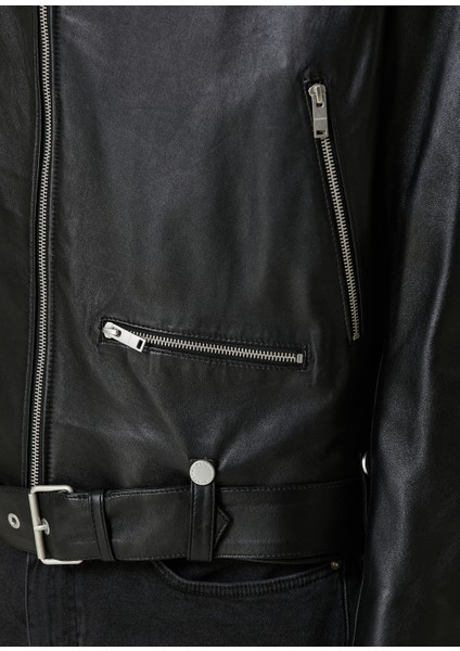 Siyah Deri Biker Mont