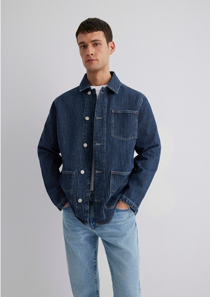 Victor Mavi Premium Indigo Mavisi Çizgili Jean Ceket 0110383-89304