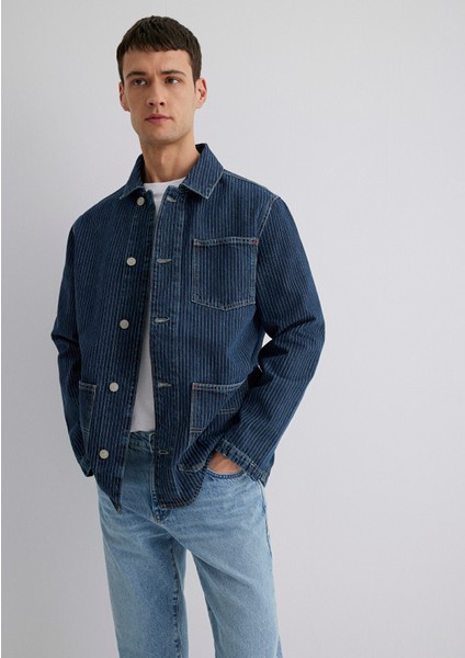 Victor Mavi Premium Indigo Mavisi Çizgili Jean Ceket 0110383-89304