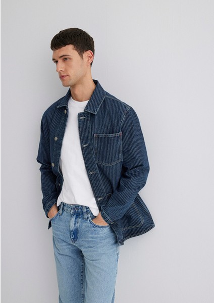 Victor Mavi Premium Indigo Mavisi Çizgili Jean Ceket 0110383-89304