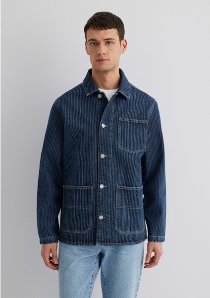 Victor Mavi Premium Indigo Mavisi Çizgili Jean Ceket 0110383-89304