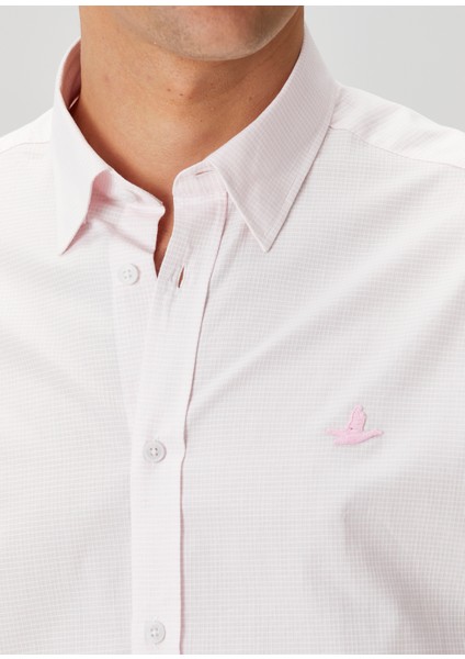 Comfort Fit Pembe Armürlü Kareli Gömlek