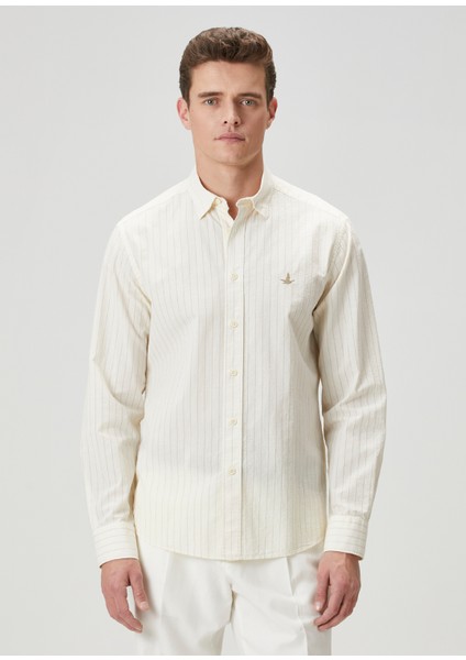 Slim Fit Krem Çizgili Gömlek