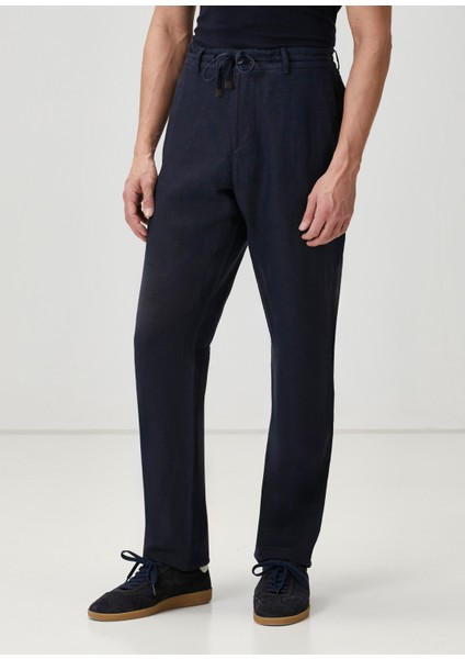 Lacivert Beli Kordonlu Keten Pantolon
