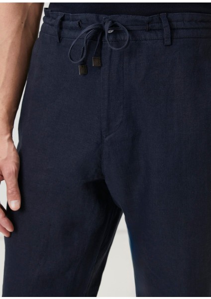 Lacivert Beli Kordonlu Keten Pantolon