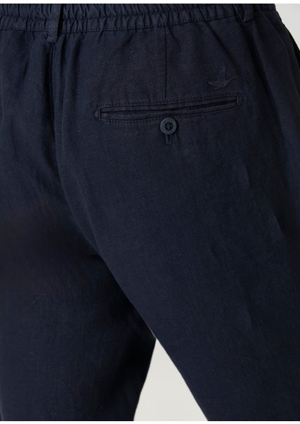 Lacivert Beli Kordonlu Keten Pantolon