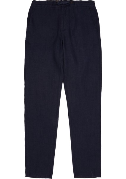Lacivert Beli Kordonlu Keten Pantolon