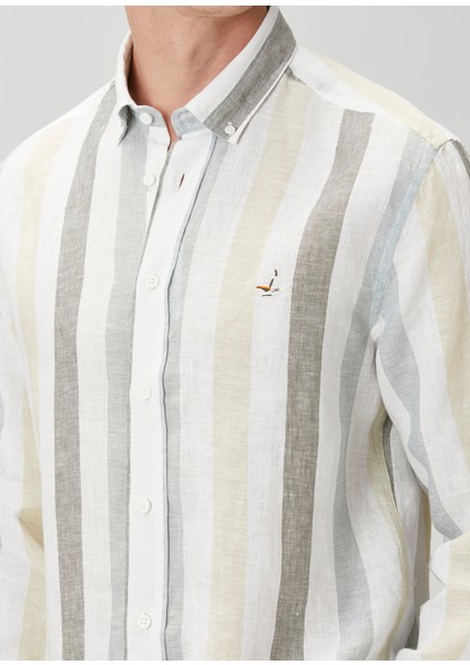 Comfort Fit Yeşil Çizgi Desenli Keten Gömlek