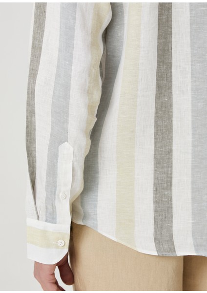 Comfort Fit Yeşil Çizgi Desenli Keten Gömlek