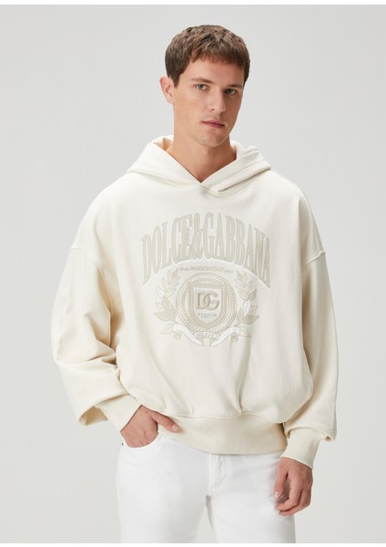 Kırık Beyaz Kapüşonlu Logo Detaylı Sweatshirt