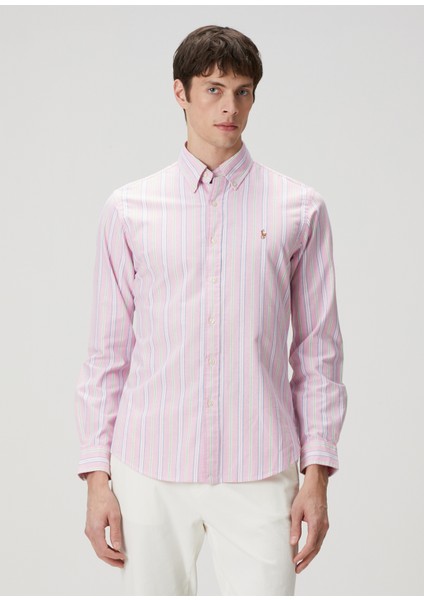 Pembe Beyaz Çizgi Desenli Oxford Gömlek