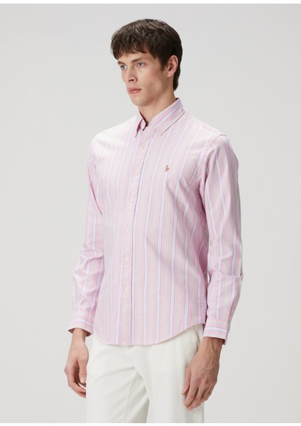 Pembe Beyaz Çizgi Desenli Oxford Gömlek modelleri