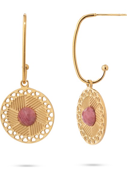 Zeni Gold Pembe Doğal Taşlı Altın Kaplama Çelik Kadın Küpe