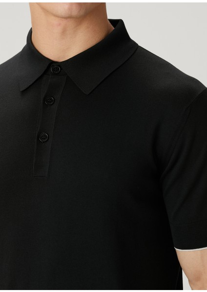 Siyah Polo Yaka Kısa Kollu Ipek Triko
