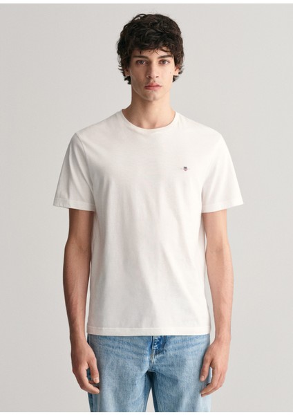 Beyaz Logolu Bisiklet Yaka Regular Fit Erkek T-Shirt
