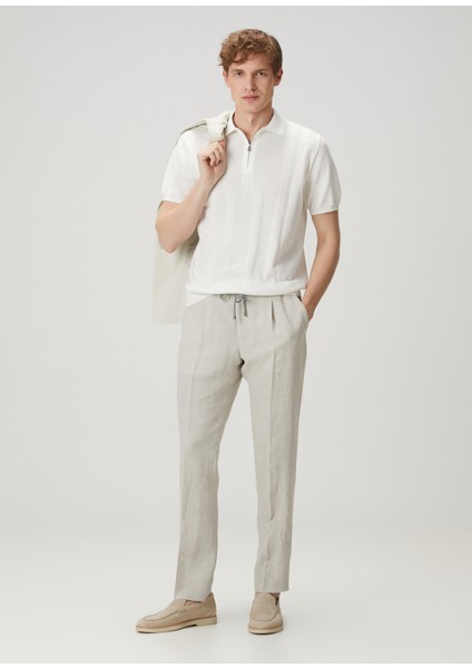 Regular Fit Bej Beli Kordonlu Keten Pantolon