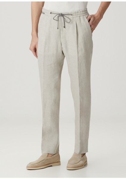 Regular Fit Bej Beli Kordonlu Keten Pantolon