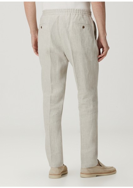 Regular Fit Bej Beli Kordonlu Keten Pantolon