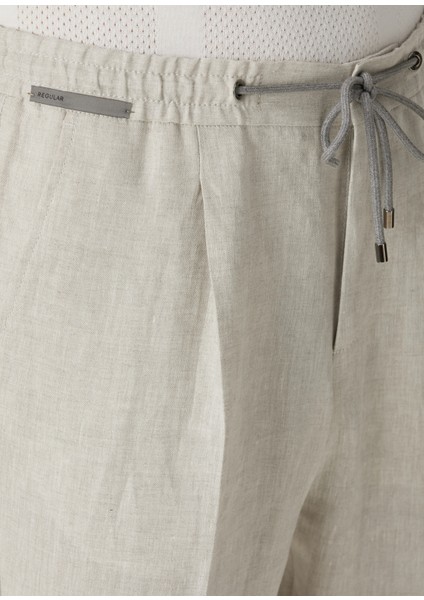 Regular Fit Bej Beli Kordonlu Keten Pantolon
