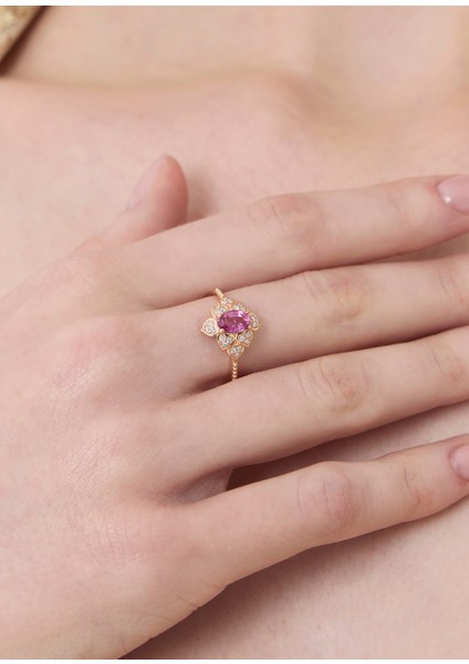 Yuse Pembe Safir ve Pırlantalı 14 Ayar Altın Kadın Yüzük