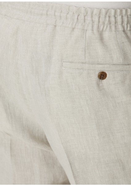 Regular Fit Bej Beli Kordonlu Keten Pantolon