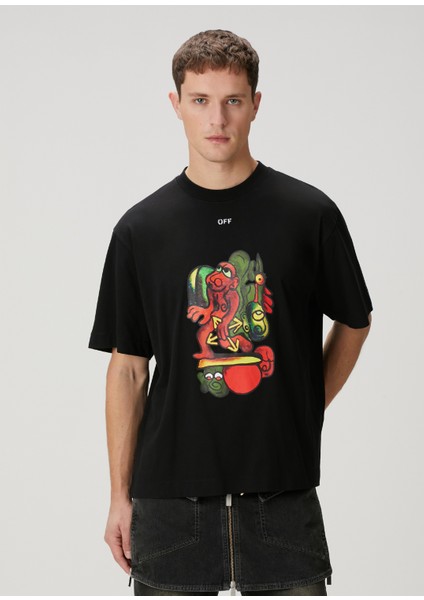 Siyah Figür Baskılı Logo Detaylı T-Shirt