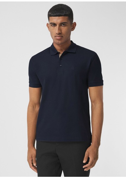Eddie Monogram Motif Cotton Piqu Lacivert Polo Yaka T-Shirt