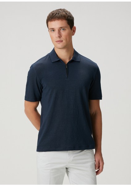 Lacivert Polo Yaka Keten T-Shirt