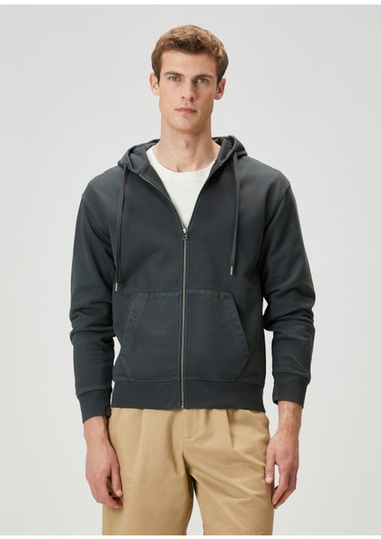 Antrasit Kapüşonlu Logo Detaylı Sweatshirt