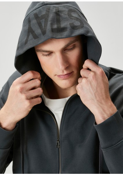 Antrasit Kapüşonlu Logo Detaylı Sweatshirt
