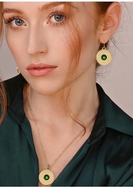 Salamander Cabochon Emerald Gold Altın Kaplama Kadın Kolye