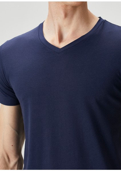Lacivert V Yaka Basic T-Shirt