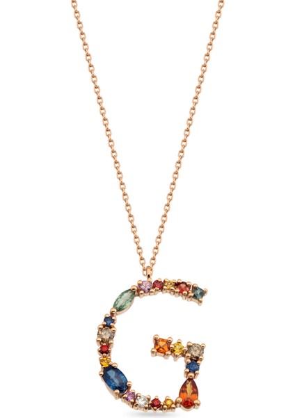 Multicolor Safir ve Brown Pırlanta Taşlı Rose Altın G Harf Kadın Kolye