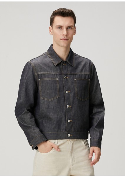 Lacivert Kontrast Dikişli Denim Mont