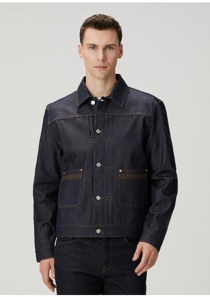 Koyu Lacivert Kontrast Dikişli Denim Ceket